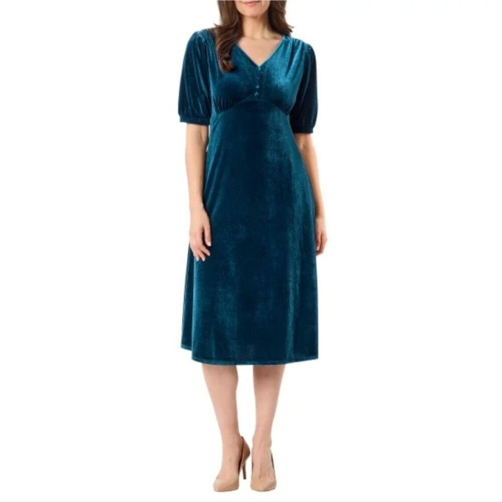 Briggs New York Women's L Holiday Velvet Midi Dress Vneck Stretch Teal Blue